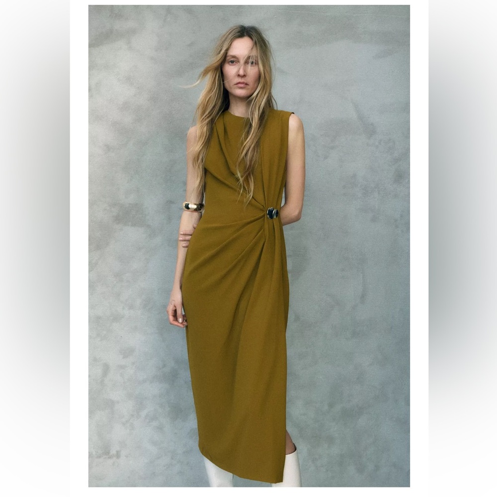 Elegant Zara Olive Green gathered Midi Dress
